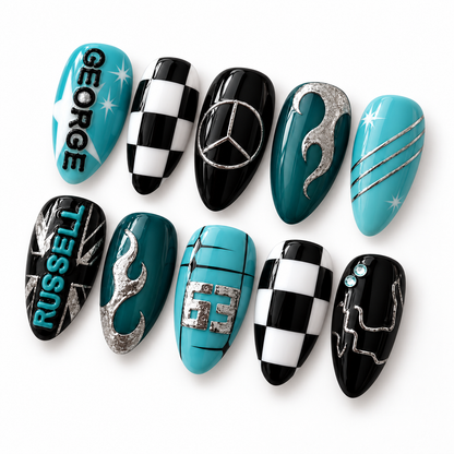 F1 Inspired Racing Press On Nails, Blue Black Checkered Flag Nail Art, Silver Chrome Details, Motorsport Gift for Race Day | OB709L