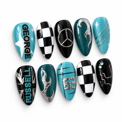 F1 Inspired Racing Press On Nails, Blue Black Checkered Flag Nail Art, Silver Chrome Details, Motorsport Gift for Race Day | OB709L