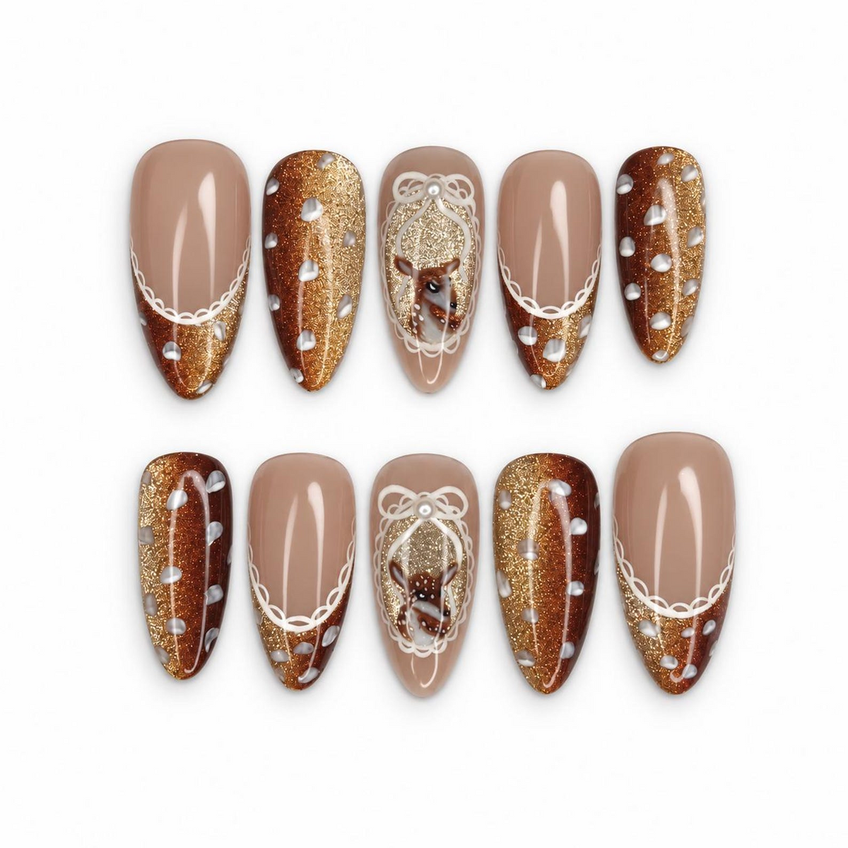 Bambi Inspired Press On Nails, Brown Glitter, Vintage Lace French Tips, Long Almond Nails | OB703XC