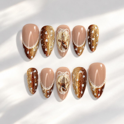 Bambi Inspired Press On Nails, Brown Glitter, Vintage Lace French Tips, Long Almond Nails | OB703XC