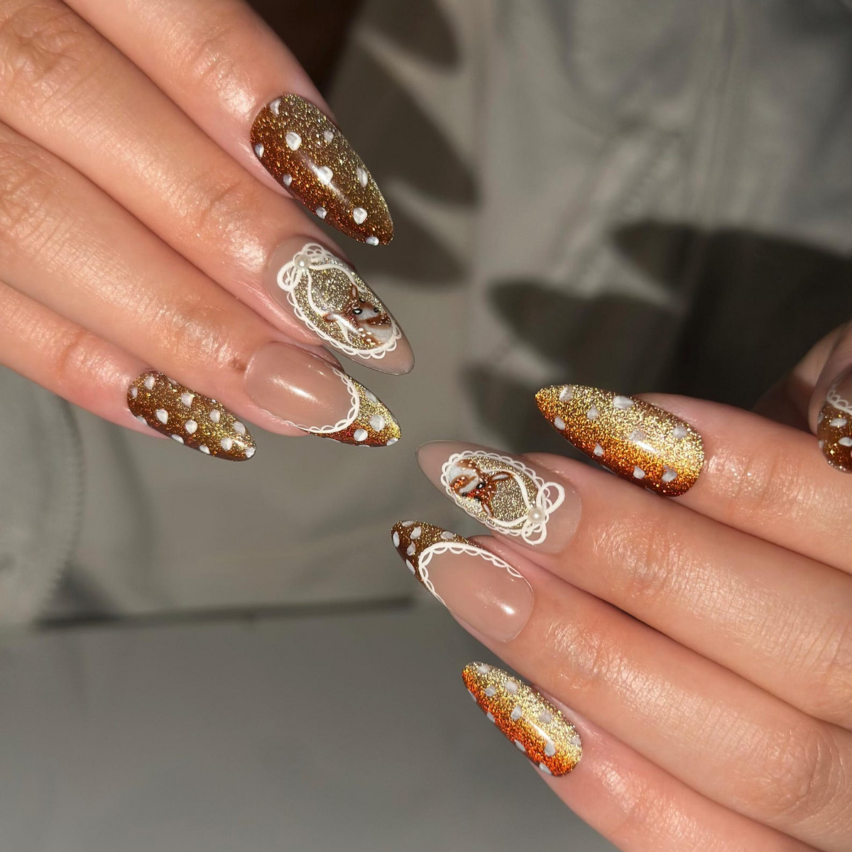 Bambi Inspired Press On Nails, Brown Glitter, Vintage Lace French Tips, Long Almond Nails | OB703XC