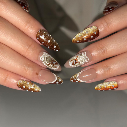 Bambi Inspired Press On Nails, Brown Glitter, Vintage Lace French Tips, Long Almond Nails | OB703XC