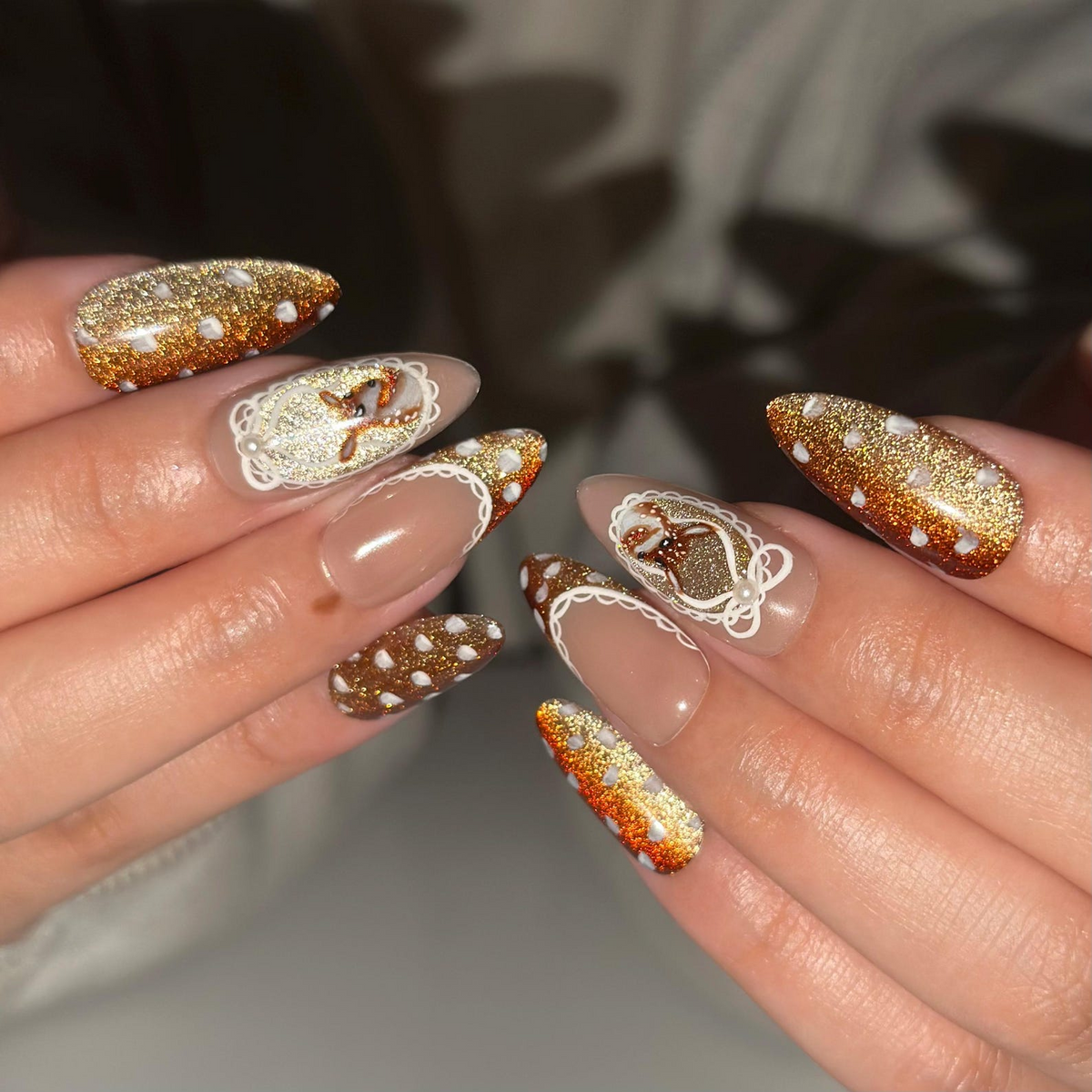 Bambi Inspired Press On Nails, Brown Glitter, Vintage Lace French Tips, Long Almond Nails | OB703XC