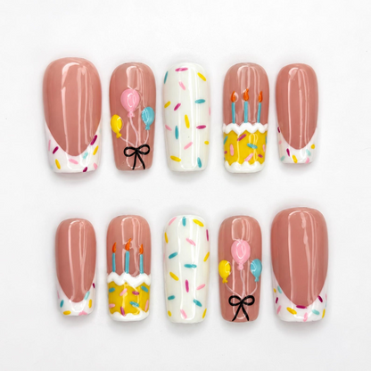 Birthday Press On Nails with Cake and Balloons , Cute Confetti Nail Art , Handmade Party Nails for Birthday Girl | OB549WA