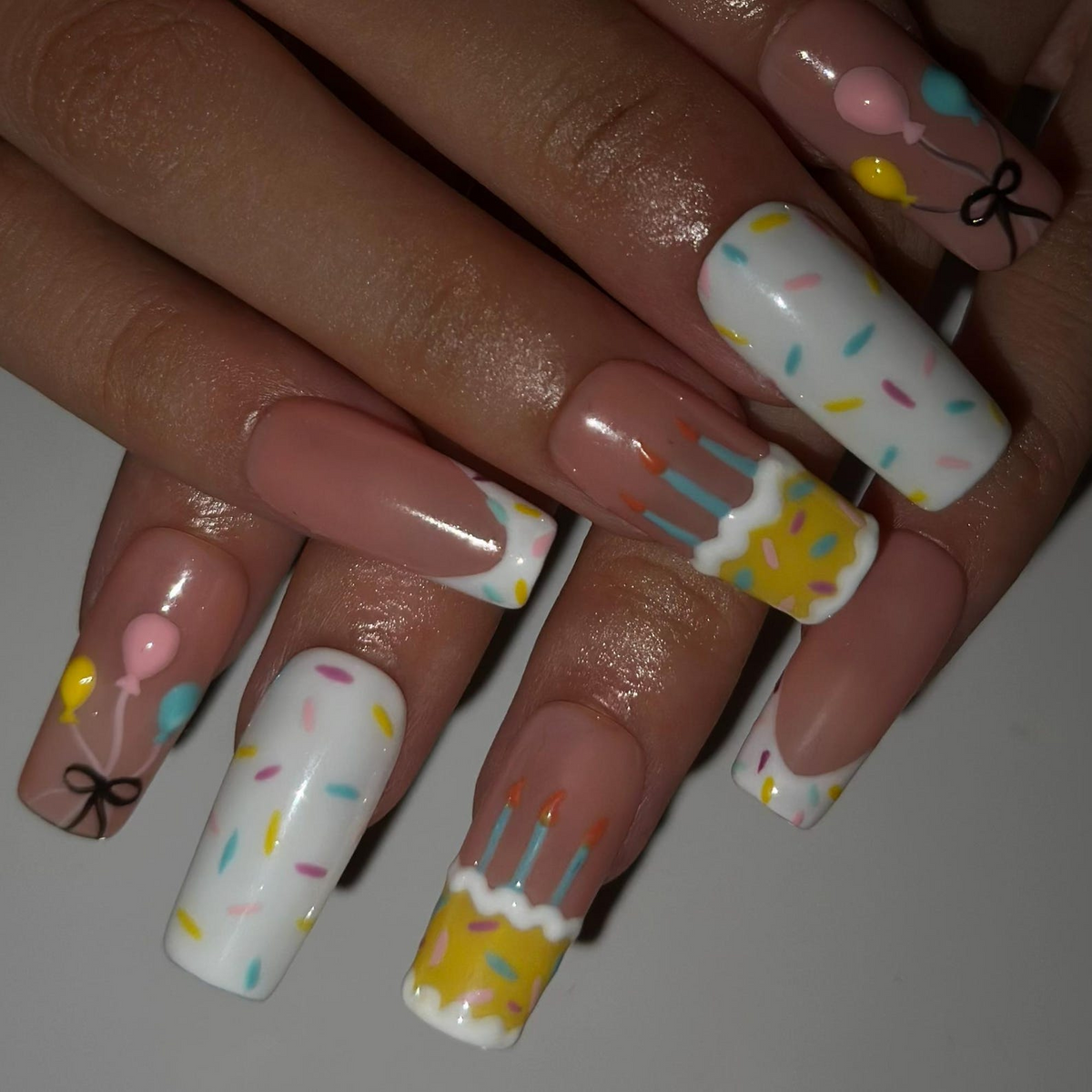 Birthday Press On Nails with Cake and Balloons , Cute Confetti Nail Art , Handmade Party Nails for Birthday Girl | OB549WA