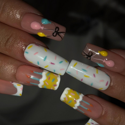 Birthday Press On Nails with Cake and Balloons , Cute Confetti Nail Art , Handmade Party Nails for Birthday Girl | OB549WA