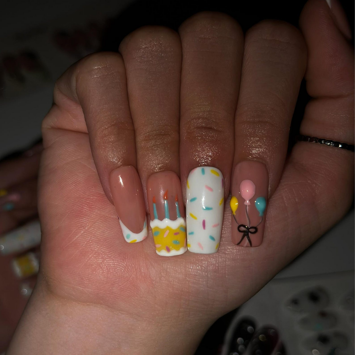 Birthday Press On Nails with Cake and Balloons , Cute Confetti Nail Art , Handmade Party Nails for Birthday Girl | OB549WA