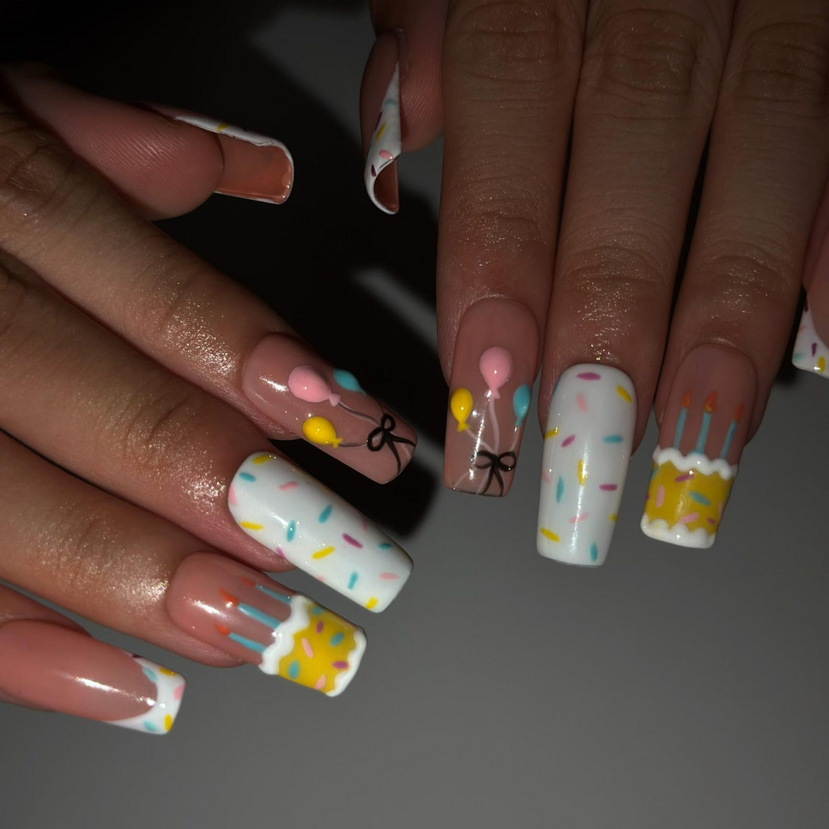 Birthday Press On Nails with Cake and Balloons , Cute Confetti Nail Art , Handmade Party Nails for Birthday Girl | OB549WA