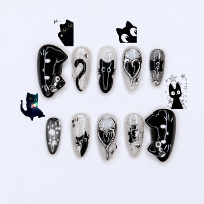 Black Cat Press On Nails with Chrome Heart , Gothic Silver Glitter Fake Nails , Handmade Celestial Nails for Halloween Nails Set , OB478WC