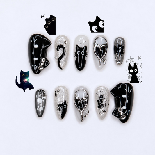 Black Cat Press On Nails with Chrome Heart , Gothic Silver Glitter Fake Nails , Handmade Celestial Nails for Halloween Nails Set , OB478WC