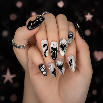 Black Cat Press On Nails with Chrome Heart , Gothic Silver Glitter Fake Nails , Handmade Celestial Nails for Halloween Nails Set , OB478WC