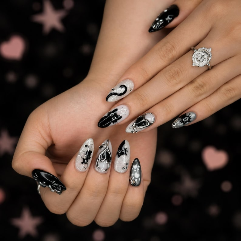 Black Cat Press On Nails with Chrome Heart , Gothic Silver Glitter Fake Nails , Handmade Celestial Nails for Halloween Nails Set , OB478WC