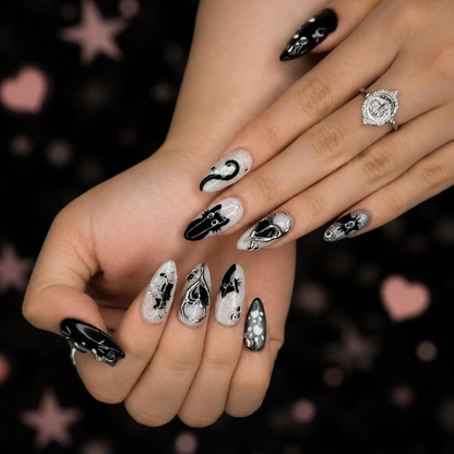 Black Cat Press On Nails with Chrome Heart , Gothic Silver Glitter Fake Nails , Handmade Celestial Nails for Halloween Nails Set , OB478WC