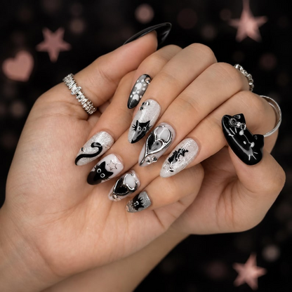 Black Cat Press On Nails with Chrome Heart , Gothic Silver Glitter Fake Nails , Handmade Celestial Nails for Halloween Nails Set , OB478WC