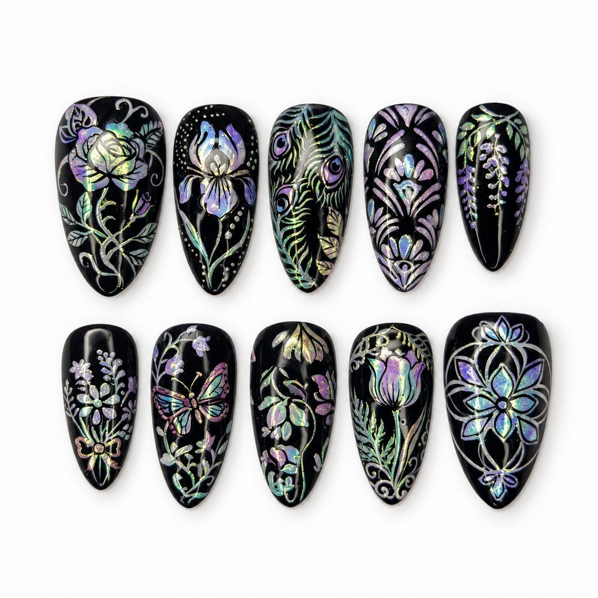 Black Iridescent Floral Press On Nails, Holographic Butterfly Nail Art, Gothic Botanical Nails, Peacock Feather Long Almond Manicure|OB710XT