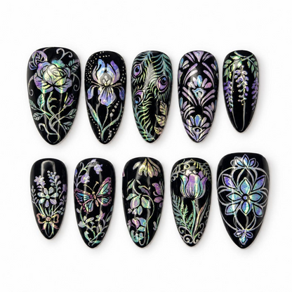 Black Iridescent Floral Press On Nails, Holographic Butterfly Nail Art, Gothic Botanical Nails, Peacock Feather Long Almond Manicure|OB710XT