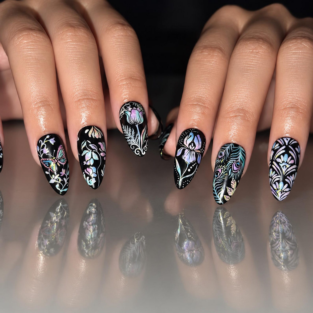 Black Iridescent Floral Press On Nails, Holographic Butterfly Nail Art, Gothic Botanical Nails, Peacock Feather Long Almond Manicure|OB710XT