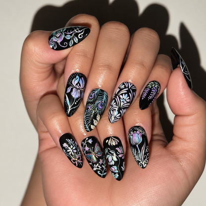 Black Iridescent Floral Press On Nails, Holographic Butterfly Nail Art, Gothic Botanical Nails, Peacock Feather Long Almond Manicure|OB710XT
