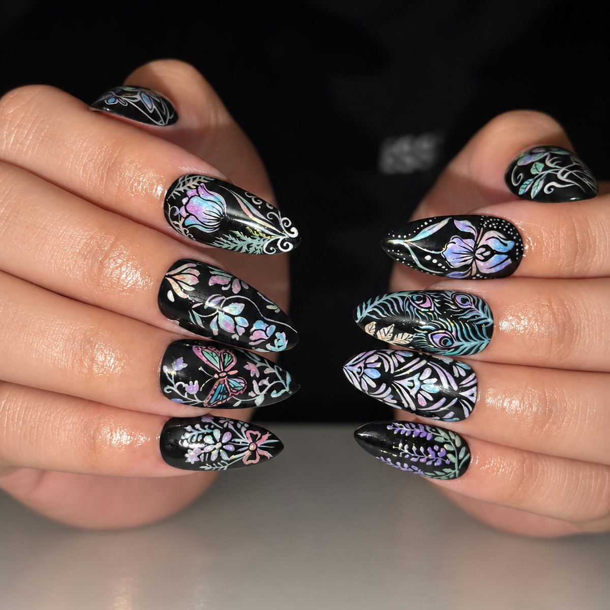 Black Iridescent Floral Press On Nails, Holographic Butterfly Nail Art, Gothic Botanical Nails, Peacock Feather Long Almond Manicure|OB710XT