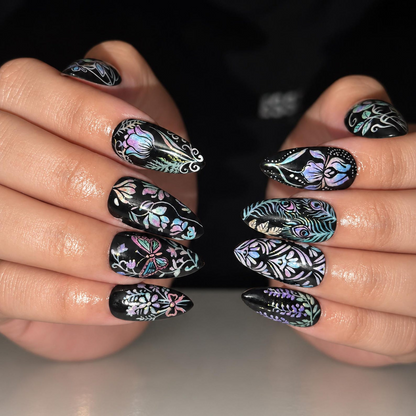 Black Iridescent Floral Press On Nails, Holographic Butterfly Nail Art, Gothic Botanical Nails, Peacock Feather Long Almond Manicure|OB710XT