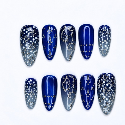 Blue Celestial Press On Nails with Silver Star Details | Midnight Blue Nails | Y2K Almond Fake Nails | OB530WC
