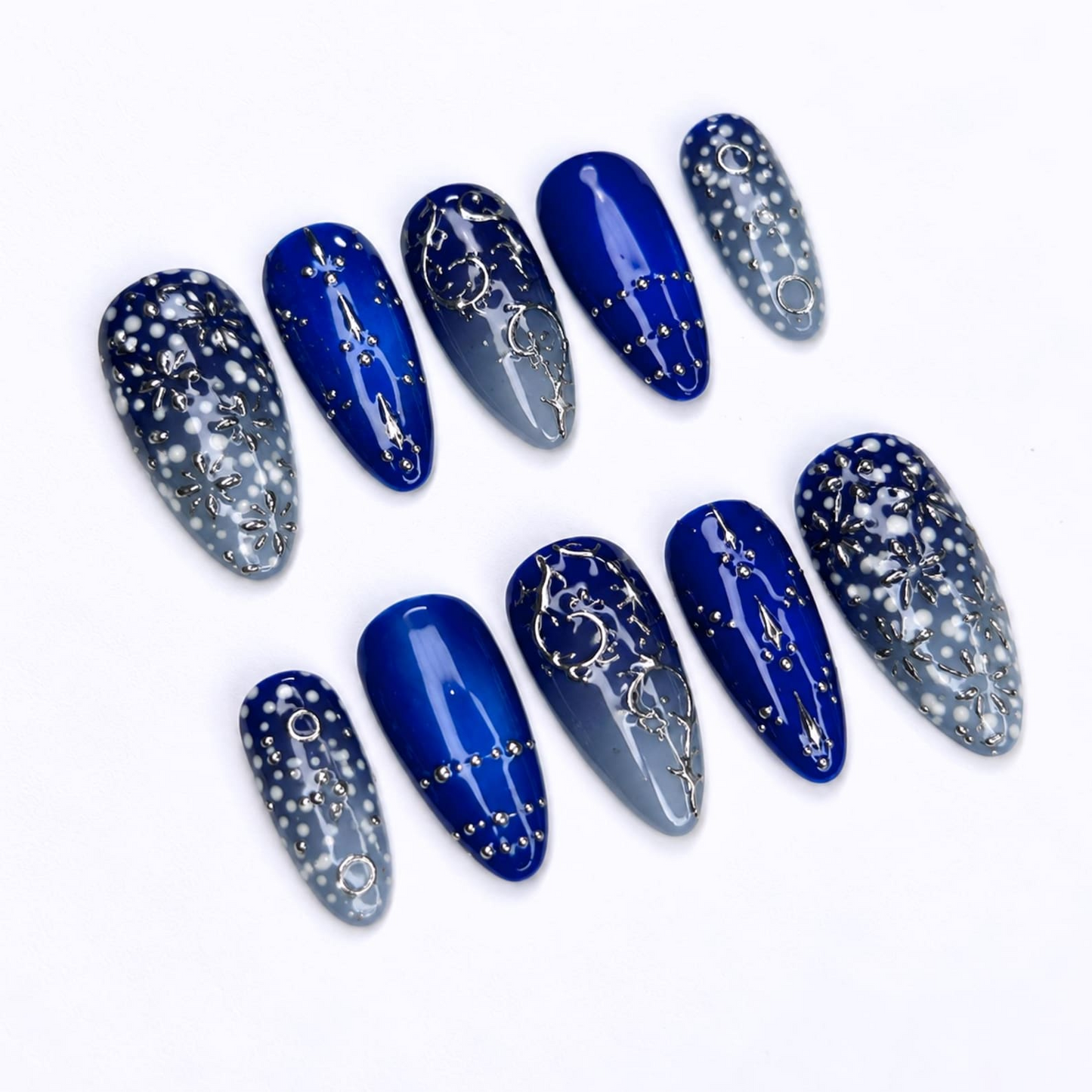 Blue Celestial Press On Nails with Silver Star Details | Midnight Blue Nails | Y2K Almond Fake Nails | OB530WC