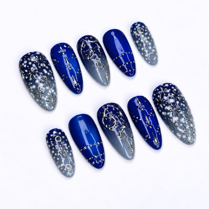 Blue Celestial Press On Nails with Silver Star Details | Midnight Blue Nails | Y2K Almond Fake Nails | OB530WC