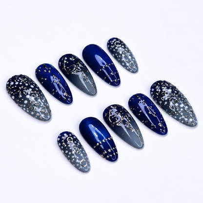 Blue Celestial Press On Nails with Silver Star Details | Midnight Blue Nails | Y2K Almond Fake Nails | OB530WC