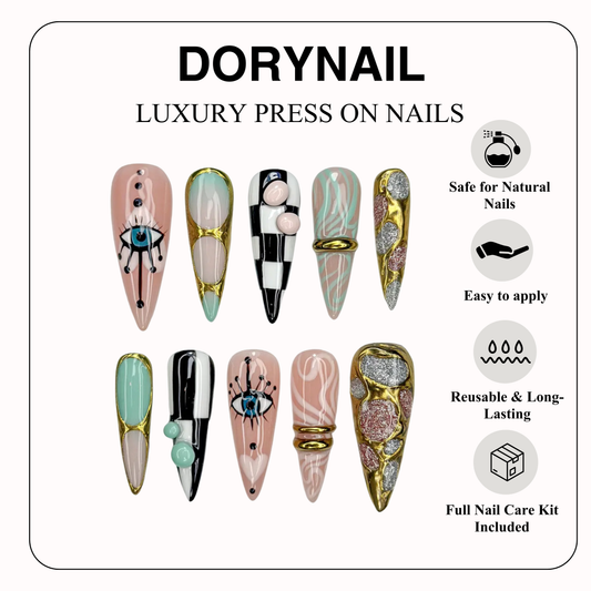 Gilded Luxury Colorful Press On Nails | Eye Art Gold Ring Nails | Handmade Nude Stiletto Nail Art | Luxury Statement Press Ons | JB302EC