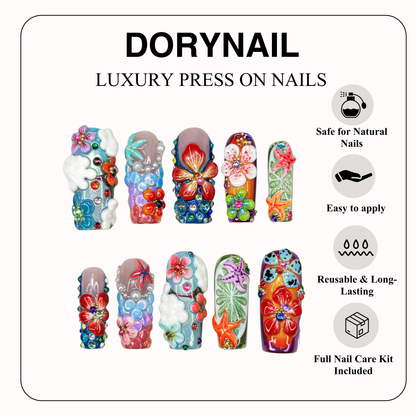 Midnight Sun Press On Nails for Festival | Colorful 3D Flower Nails | Festival Nail | Tropical Summer Luxury Nails | Artistic Nails| OA300HC