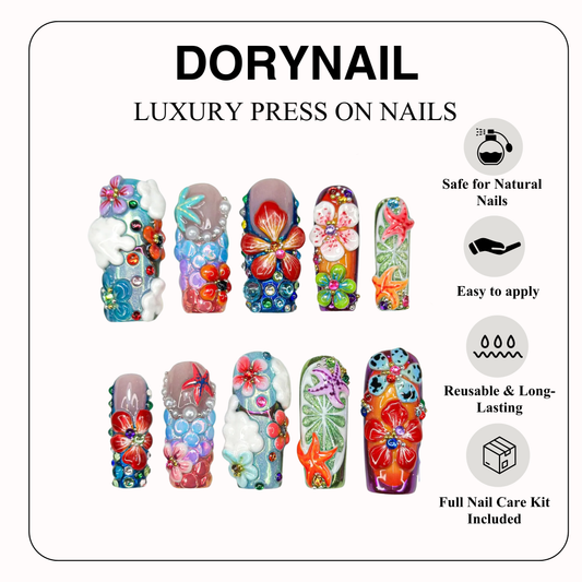 Midnight Sun Press On Nails for Festival | Colorful 3D Flower Nails | Festival Nail | Tropical Summer Luxury Nails | Artistic Nails| JA300HC