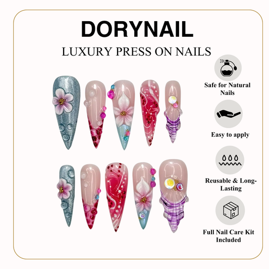 Crystal Bloom Colorful Press On Nails | 3D Floral Jelly Nails | Pink Red Swirl Luxury Stiletto Nails | Handmade Romantic Nail Art | JB303EC