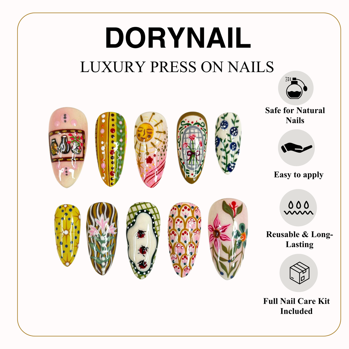 Hand Painted Vintage Floral Fake Nails | European Folk Art Nail Design | Soft Pastel Art Nails | Storybook Style Press Ons| JB304H