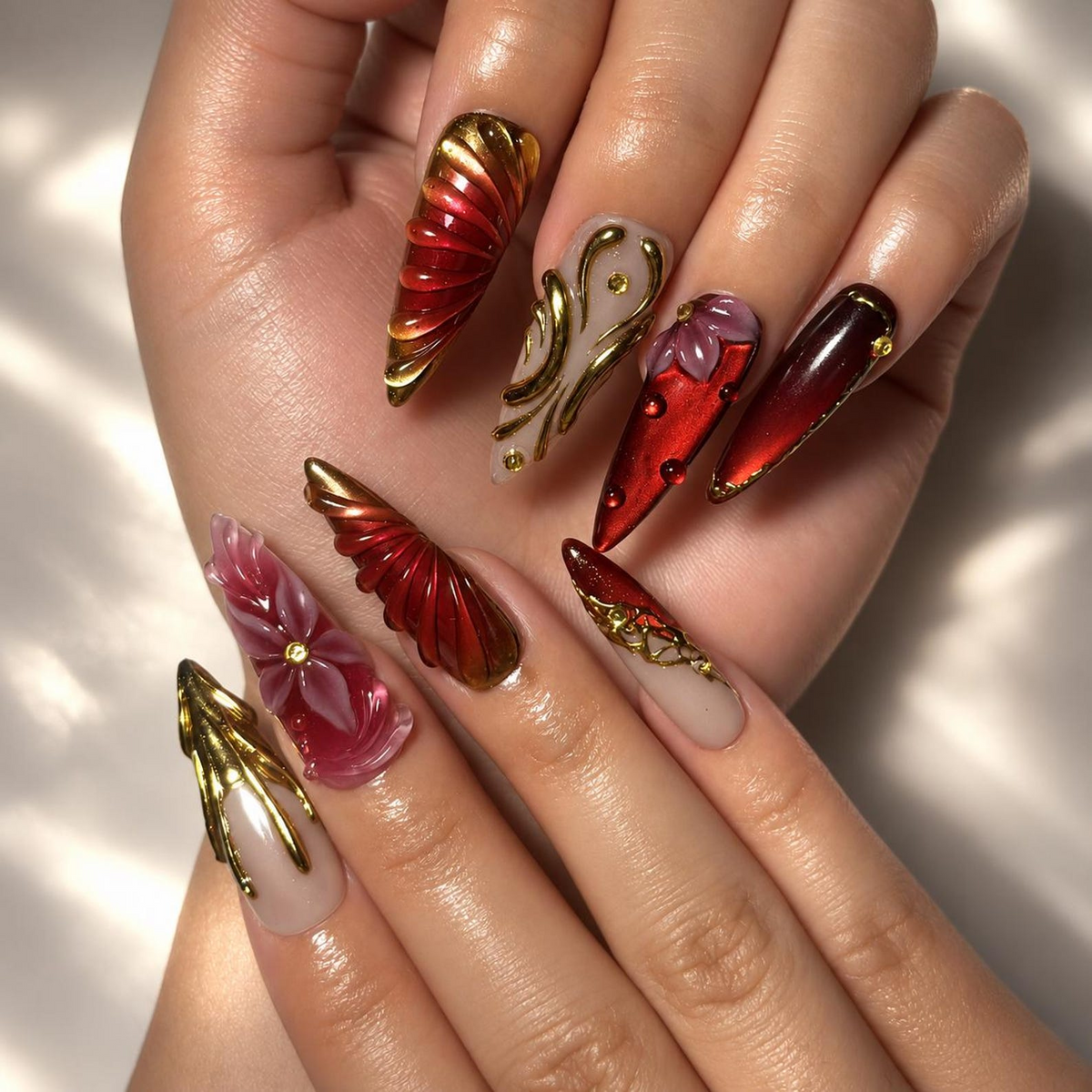 Brown Leopard Print Press On Nails, Long Almond Tortoiseshell Design, 3D Flowers, Gold Chrome, Handmade Fall Nail Set | OB1470XC