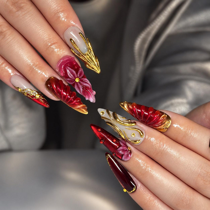 Brown Leopard Print Press On Nails, Long Almond Tortoiseshell Design, 3D Flowers, Gold Chrome, Handmade Fall Nail Set | OB1470XC