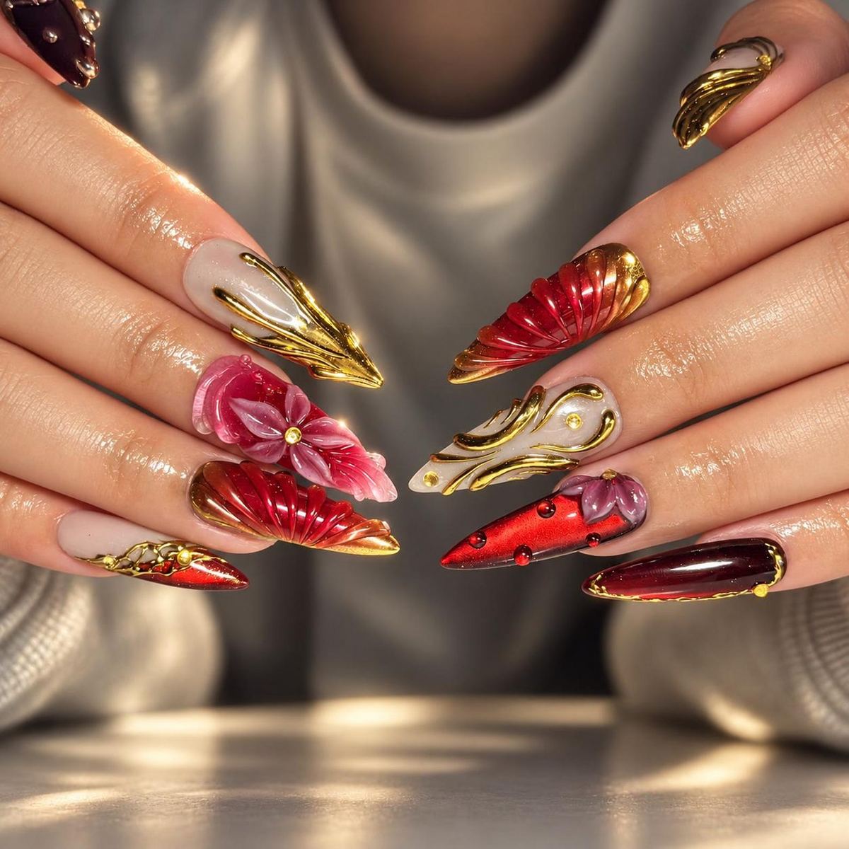Brown Leopard Print Press On Nails, Long Almond Tortoiseshell Design, 3D Flowers, Gold Chrome, Handmade Fall Nail Set | OB1470XC
