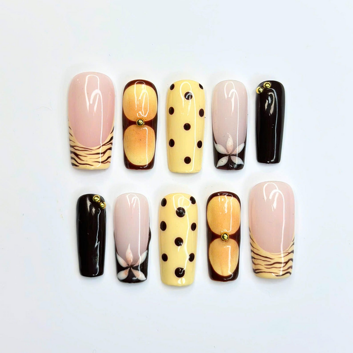 Brown Press On Nails with Polka Dot Design | Yellow Animal Print Square Nails | Retro Handmade Nail Art for Everyday, Party, Gift | OB497UC