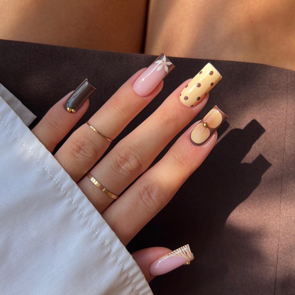 Brown Press On Nails with Polka Dot Design | Yellow Animal Print Square Nails | Retro Handmade Nail Art for Everyday, Party, Gift | OB497UC