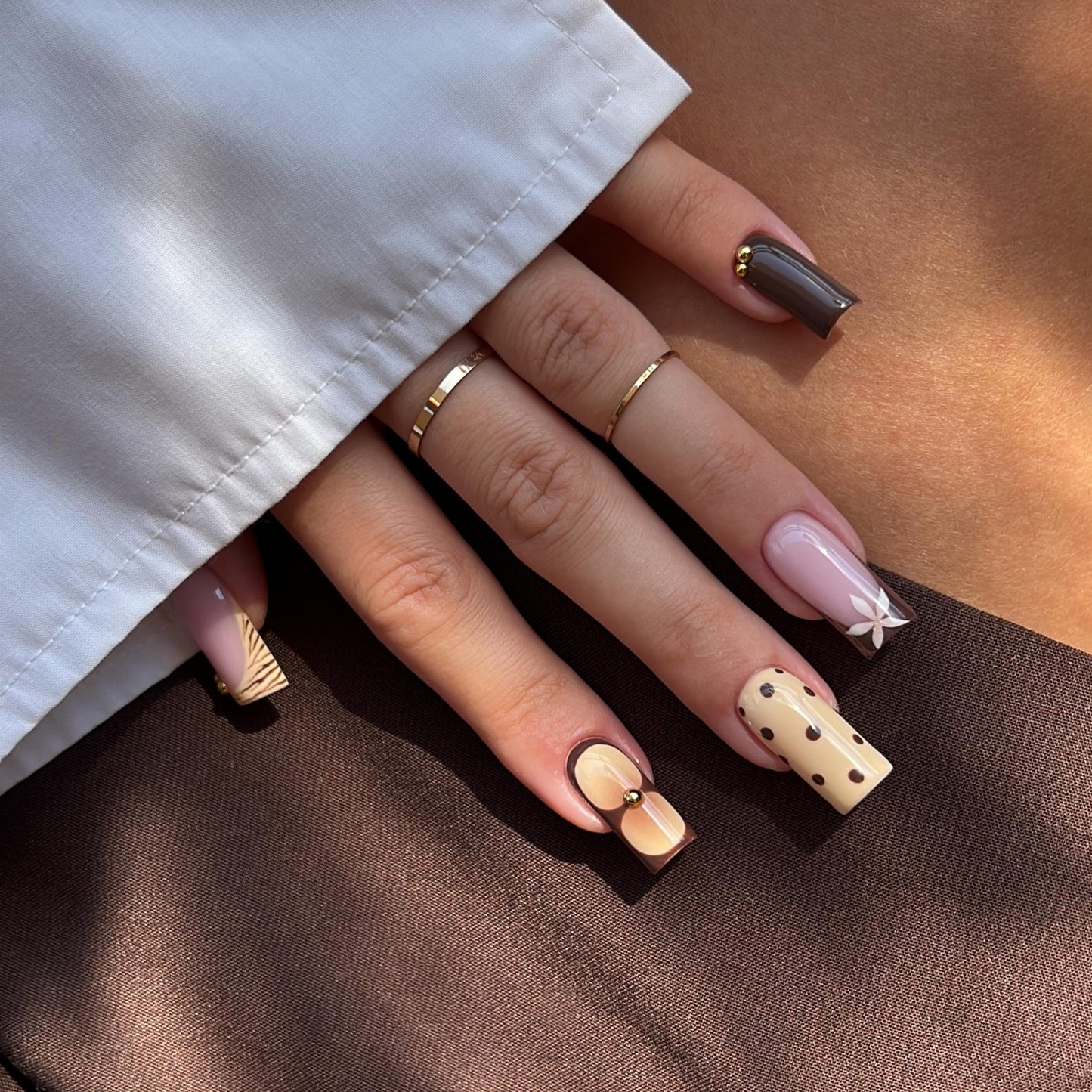 Brown Press On Nails with Polka Dot Design | Yellow Animal Print Square Nails | Retro Handmade Nail Art for Everyday, Party, Gift | OB497UC