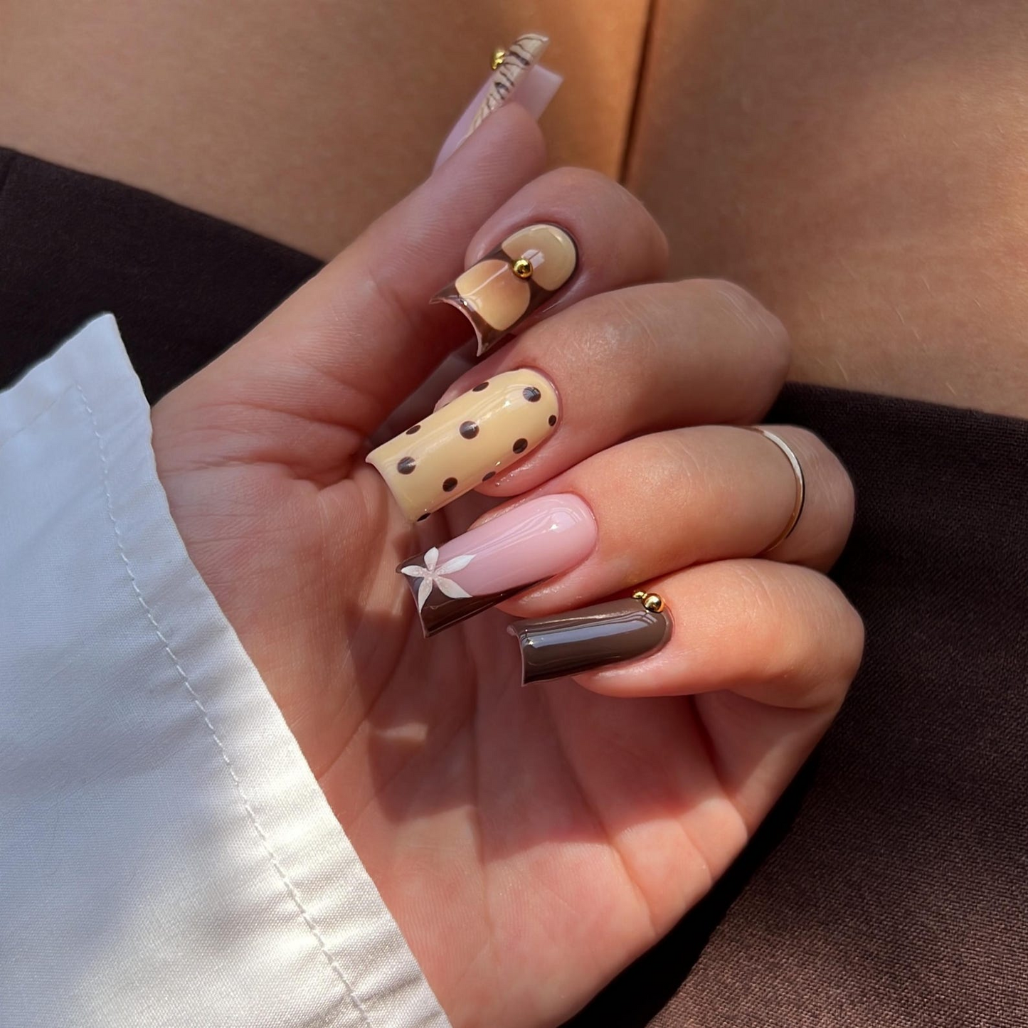 Brown Press On Nails with Polka Dot Design | Yellow Animal Print Square Nails | Retro Handmade Nail Art for Everyday, Party, Gift | OB497UC