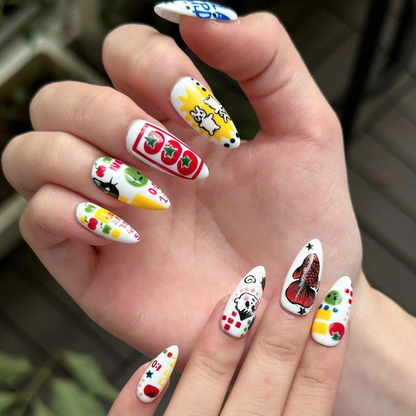 Kawaii Press On Nails with Cartoon Fruit & Bunny | Retro Pop Art Fake Nails in Almond Shape | Handmade Nail Art for Everyday| OB470UG