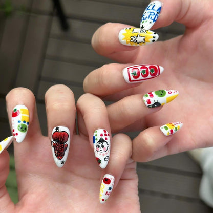 Kawaii Press On Nails with Cartoon Fruit & Bunny | Retro Pop Art Fake Nails in Almond Shape | Handmade Nail Art for Everyday| OB470UG