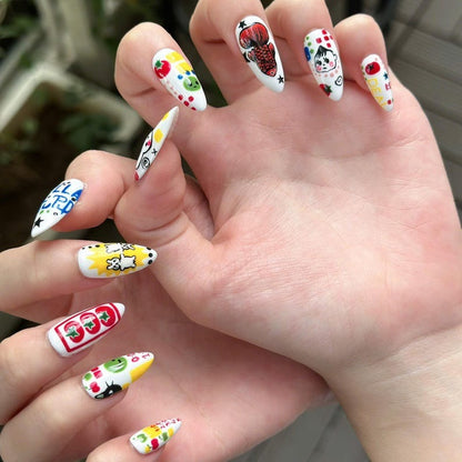 Kawaii Press On Nails with Cartoon Fruit & Bunny | Retro Pop Art Fake Nails in Almond Shape | Handmade Nail Art for Everyday| OB470UG