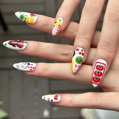 Kawaii Press On Nails with Cartoon Fruit & Bunny | Retro Pop Art Fake Nails in Almond Shape | Handmade Nail Art for Everyday| OB470UG