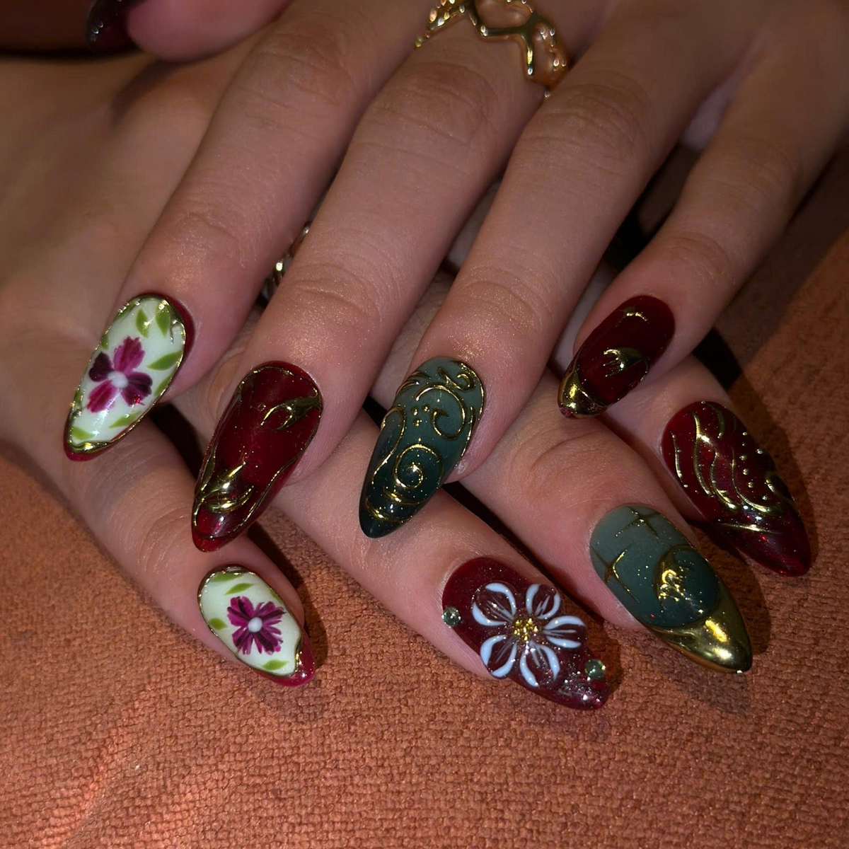 Burgundy Floral Press On Nails with Gold Details | Vintage Botanical Nail Art | Elegant Handmade Nails | OB545UC
