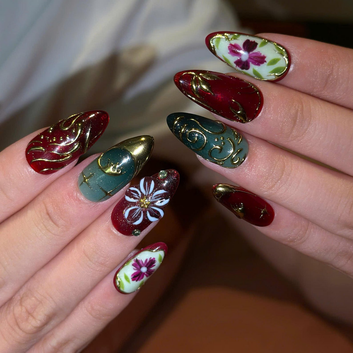 Burgundy Floral Press On Nails with Gold Details | Vintage Botanical Nail Art | Elegant Handmade Nails | OB545UC
