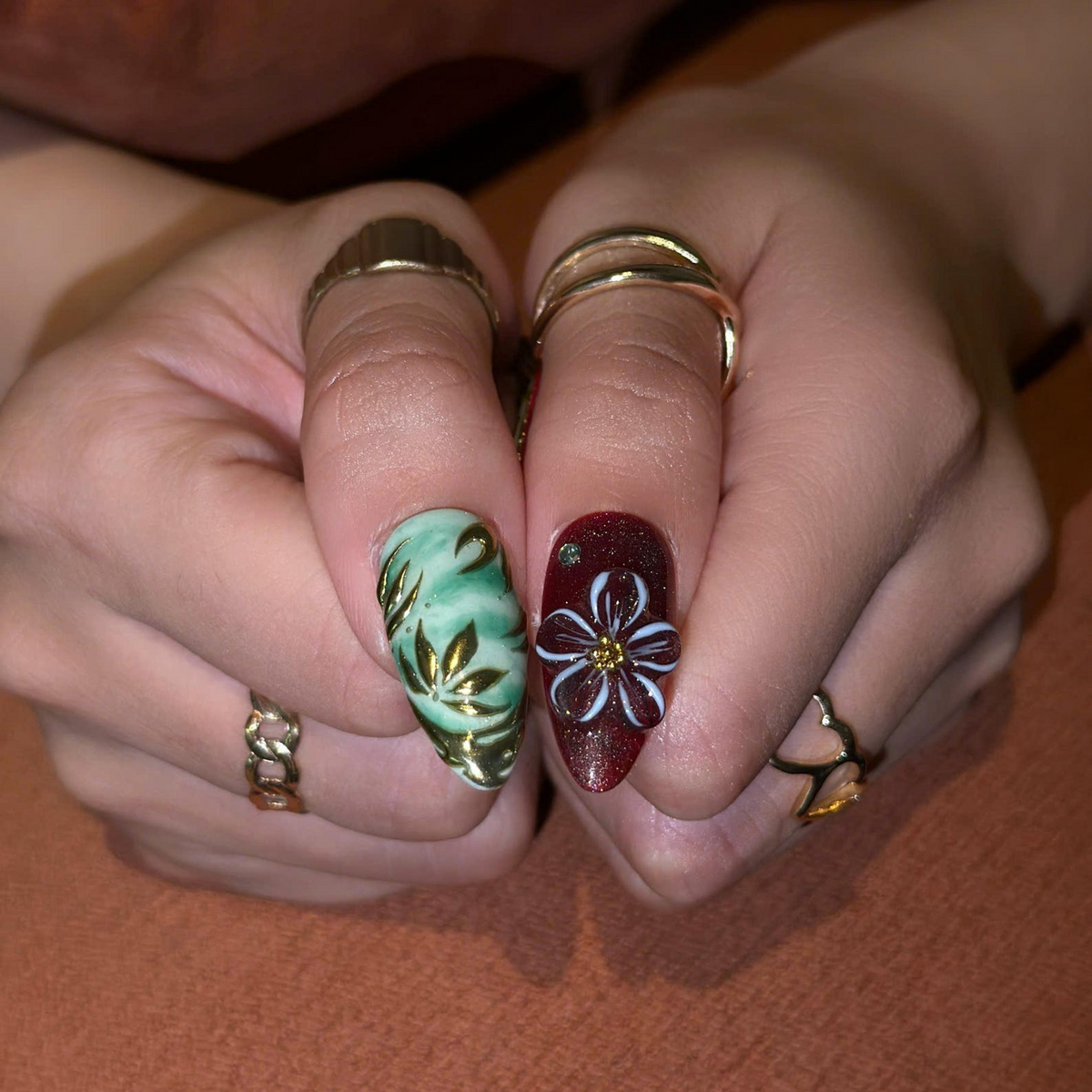 Burgundy Floral Press On Nails with Gold Details | Vintage Botanical Nail Art | Elegant Handmade Nails | OB545UC