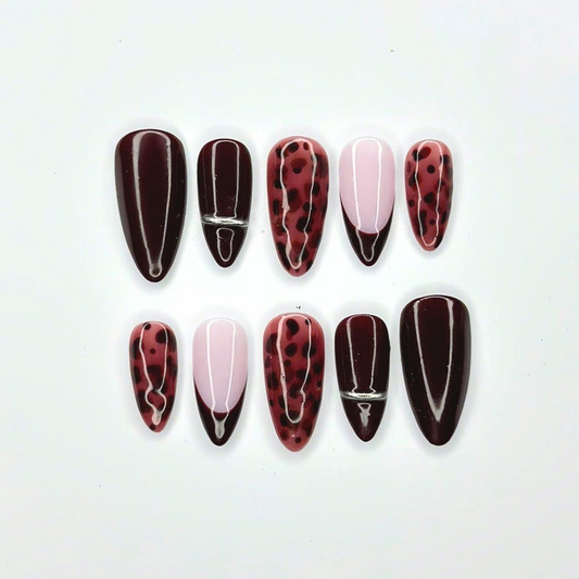 Burgundy Press On Nails with Leopard Print | Dark Red French Tip Fake Nails | Handmade Animal Print Nails for Fall, Party | OB508UC