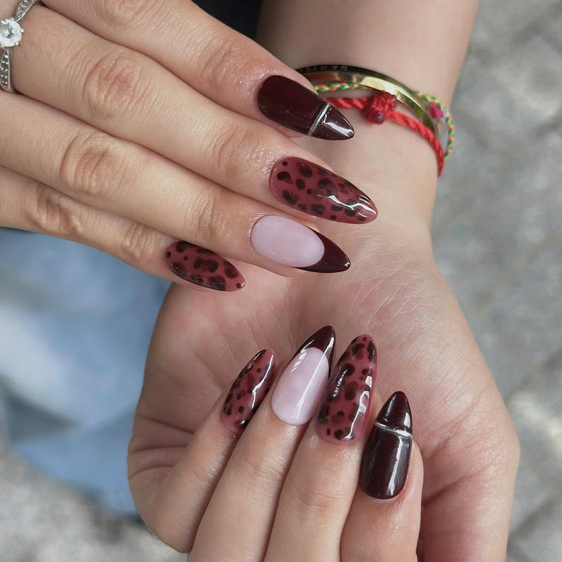 Burgundy Press On Nails with Leopard Print | Dark Red French Tip Fake Nails | Handmade Animal Print Nails for Fall, Party | OB508UC