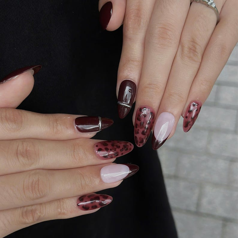 Burgundy Press On Nails with Leopard Print | Dark Red French Tip Fake Nails | Handmade Animal Print Nails for Fall, Party | OB508UC